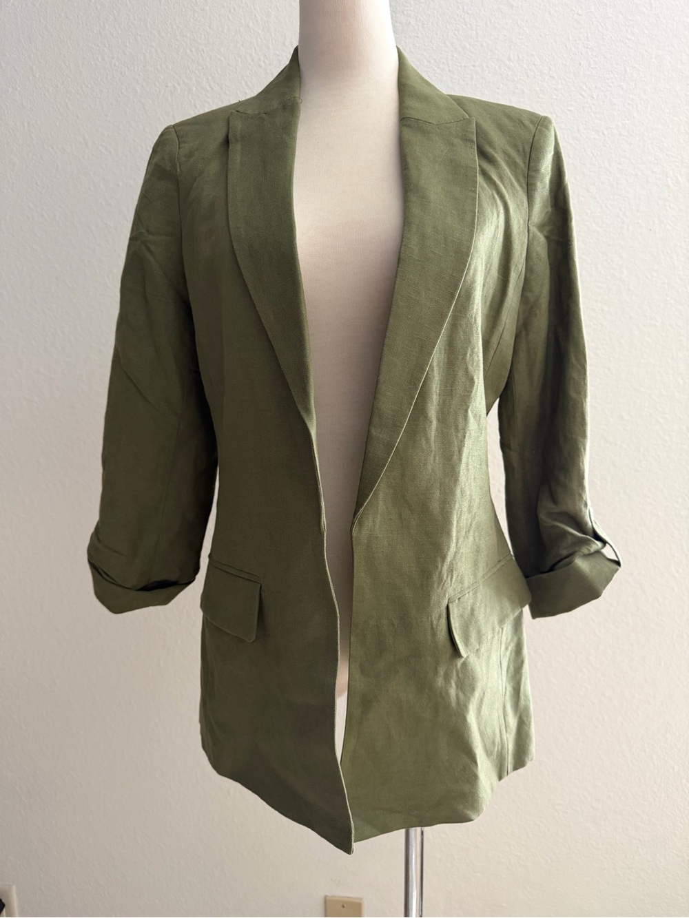NWT Calvin Klein Olive Green Women's Open Front Blazer Linen Jacket Retail $149